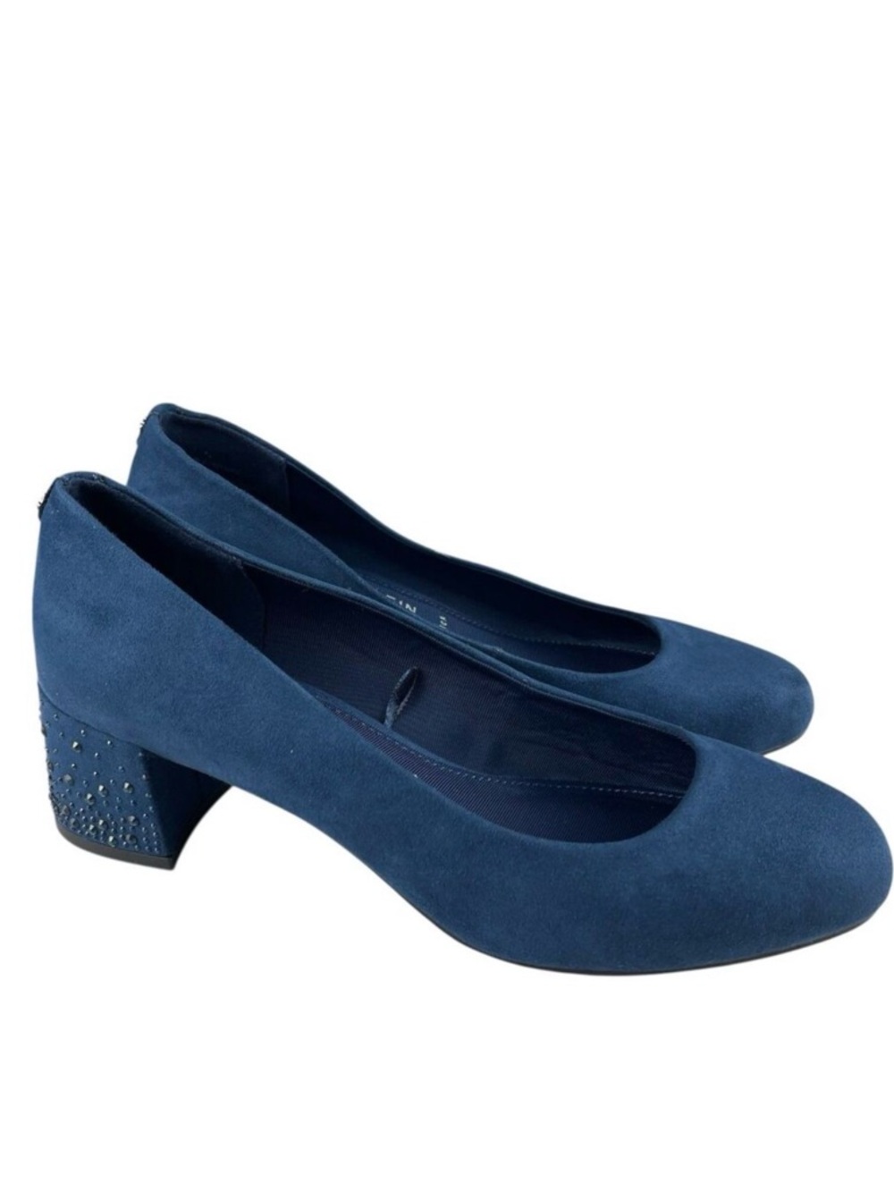 Anne Klein Women's Hillin Pumps 9M Navy Faux Suede Rhinestone Block Heel Slip-On